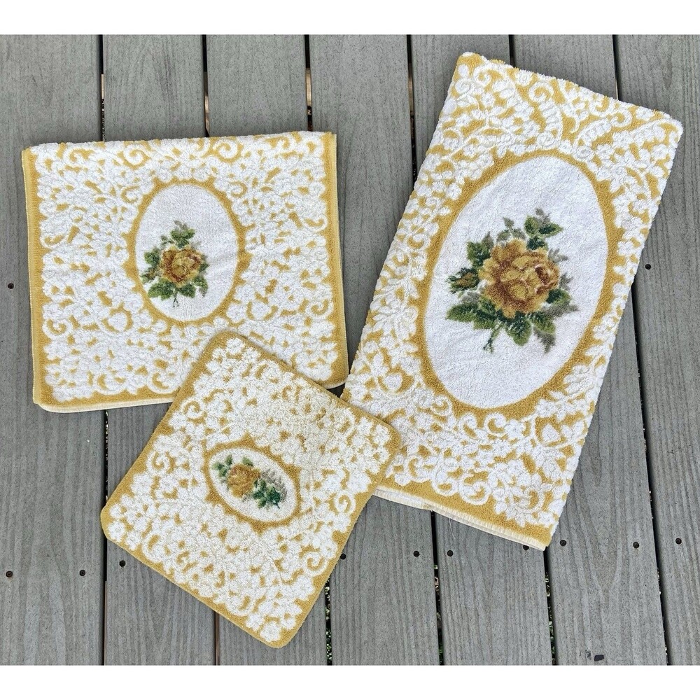 Vtg 60’s Cannon Royal Family Yellow Floral Bath Towels 3pc Set Retro MCM Cottage